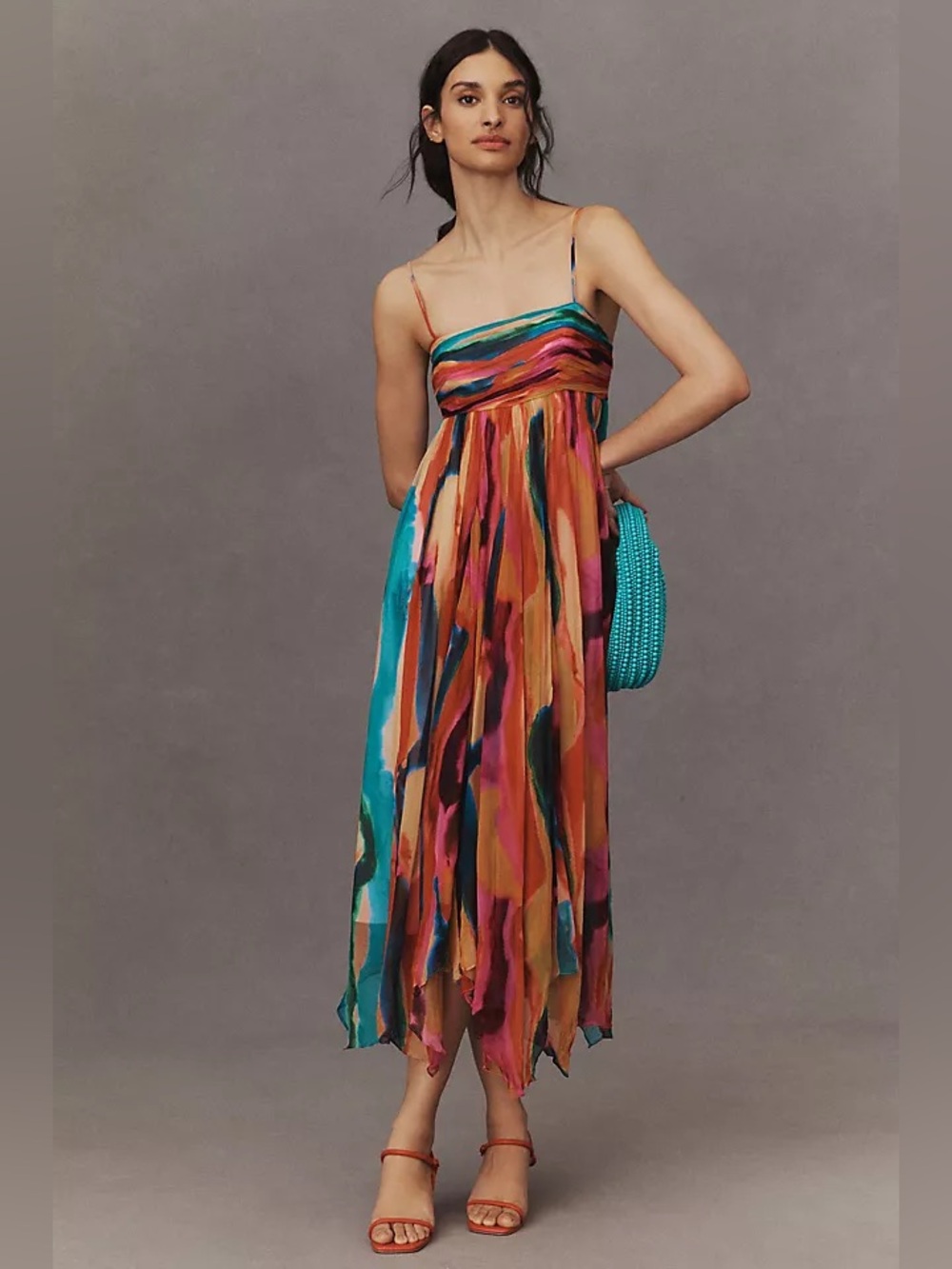 BHLDN Lola Sleeveless‎ Chiffon Midi Dress Rainbow Multi Sundress Large